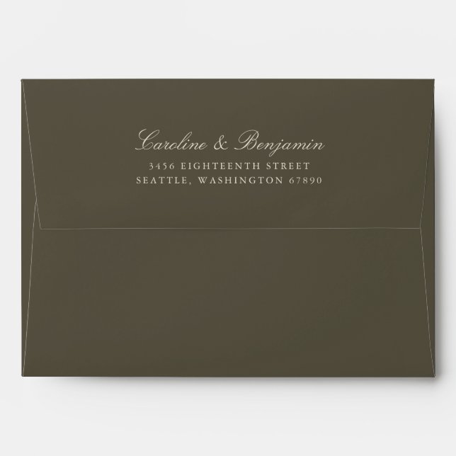 Formal Classic Script Elegant Return Address Olive Envelope (Back (Top Flap))