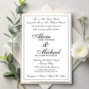 Formal classic traditional vintage white wedding invitation