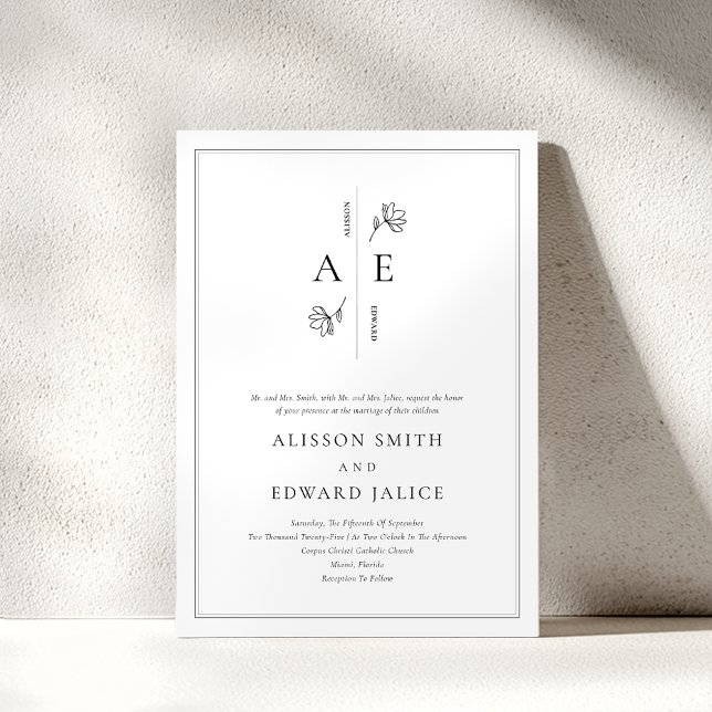 Formal Classic White Black Monogram Wedding Invitation (Creator Uploaded)