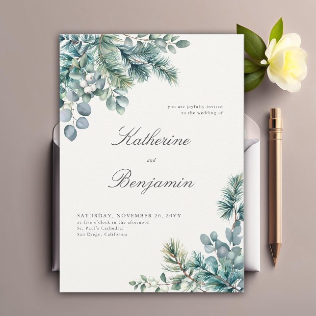 Formal Classic Winter Botanicals Elegant Wedding Invitation (winter botanical elegant wedding invitation formal traditional modern classic simple foliage frame)