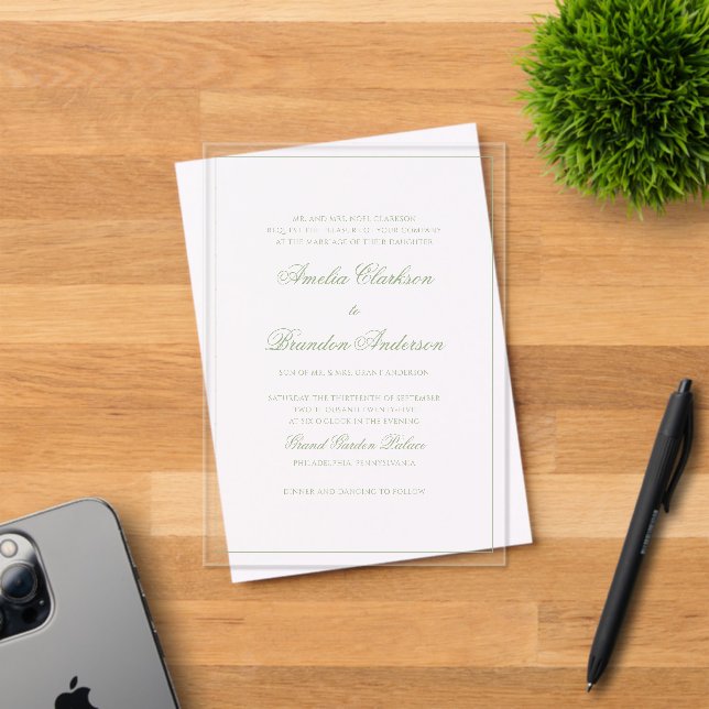 Formal Clear Sage Green Border Script Wedding Acrylic Invitations (Insitu (Invitation Card))