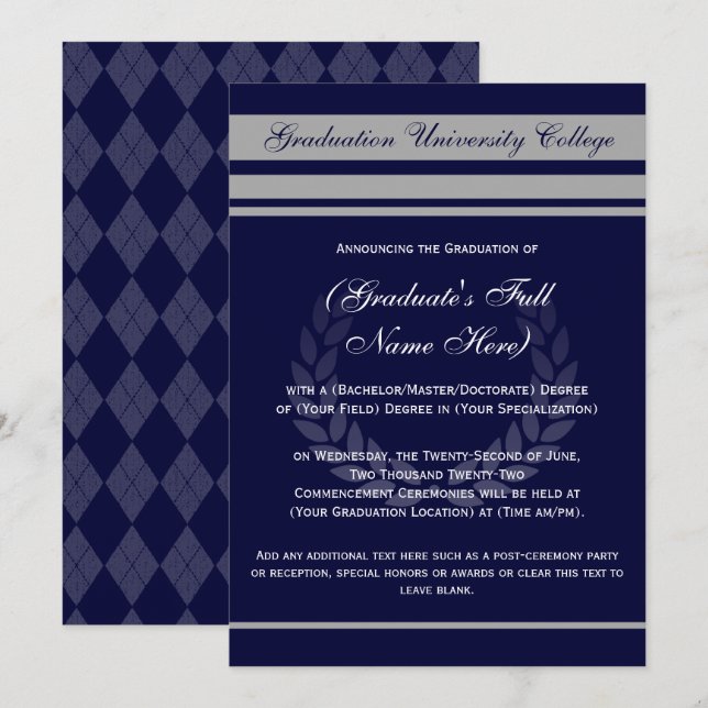 Formal College Graduation Announcements ~ Blue (Front/Back)