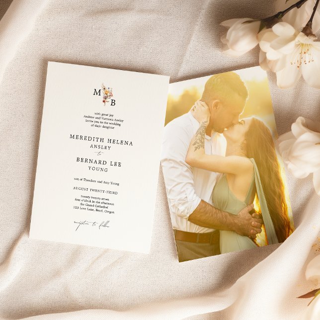 Formal Colourful Floral Monogram Wedding Photo Invitation (Creator Uploaded)