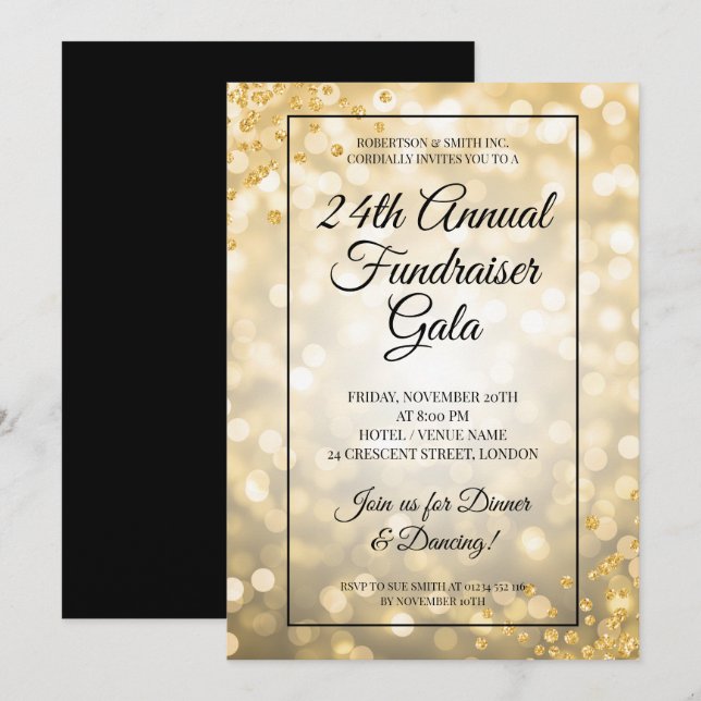 Formal Corporate Fundraiser Gold Lights Glitter Invitation (Front/Back)