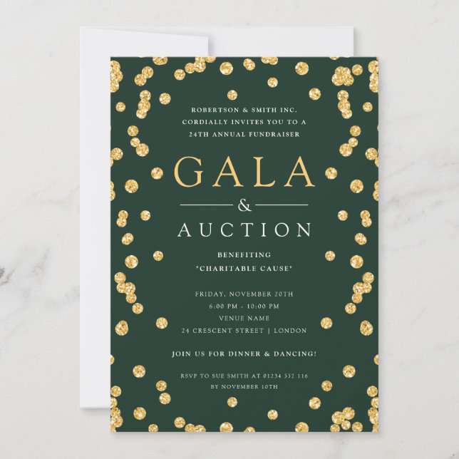 Formal Corporate Gala & Auction Gold Glitter Green Invitation (Front)