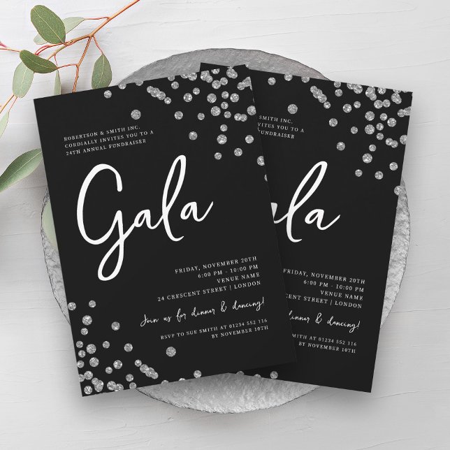 Formal Corporate Gala Silver Confetti Black Invitation (Formal Corporate Gala Silver Confetti Black Invitation)