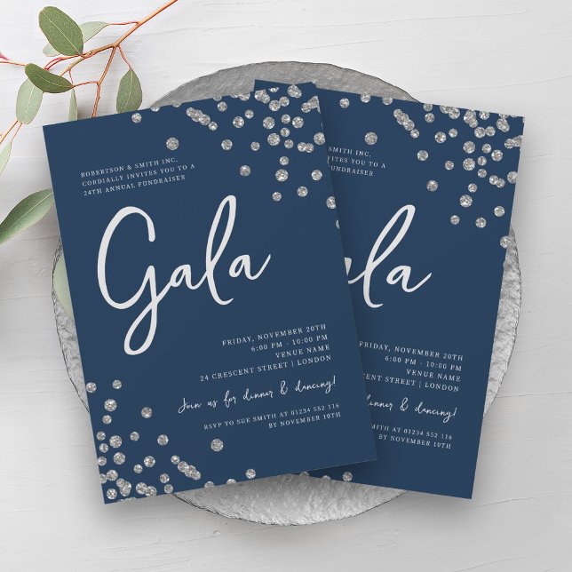 Formal Corporate Gala Silver Confetti Navy   Invitation (Formal Corporate Gala Silver Confetti Navy Invitation)