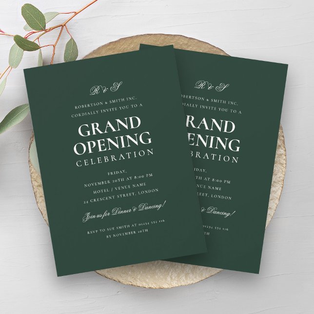 Formal Corporate Grand Opening Monogram Green  Invitation (Formal Corporate Grand Opening Monogram Green Invitation)