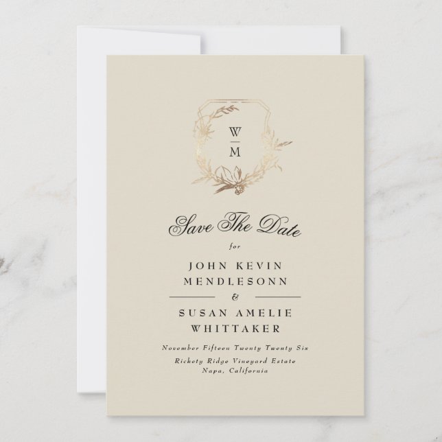 Formal Cream Black Monogram Gold Crest Photo Save The Date (Front)