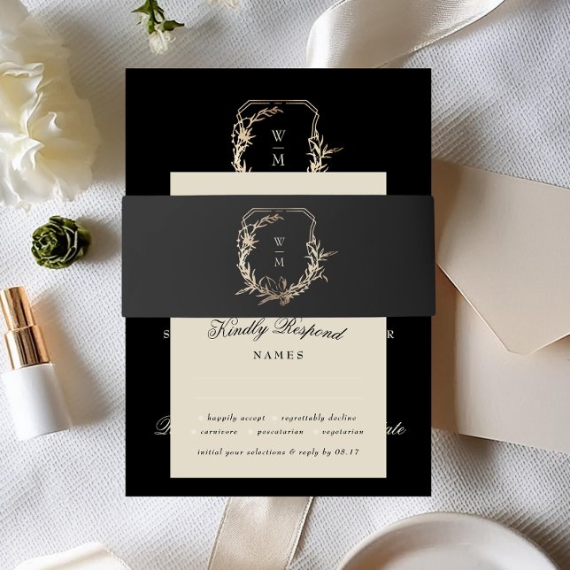 Formal Cream & Black Monogram Gold Wreath Wedding Invitation Belly Band (Creator Uploaded)