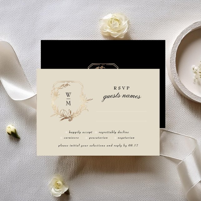 Formal Cream & Black Monogram Gold Wreath Wedding RSVP Card (Creator Uploaded)