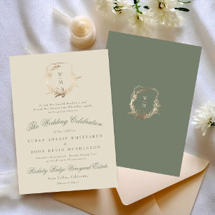 Formal Cream & Green Monogram Gold Wreath Wedding Invitation