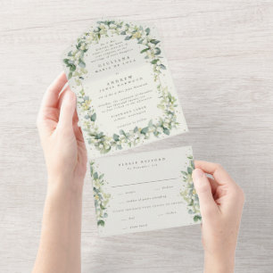 Formal Cream Snowberry+Eucalyptus Winter Wedding All In One Invitation