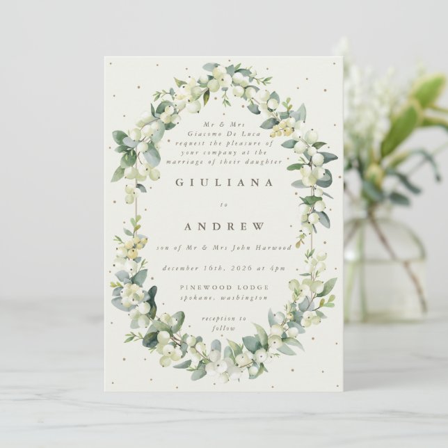 Formal Cream Snowberry+Eucalyptus Winter Wedding Invitation (Standing Front)