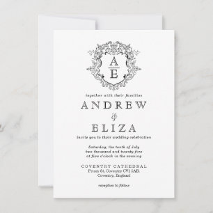 Formal Crest Black and White Monogram Wedding Invitation