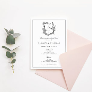 Formal Crest Black & White Rehearsal Dinner Invitation