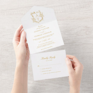 Formal Crest Gold Script Monogram Wedding All In One Invitation