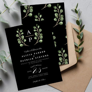 Formal crest monogram elegant black wedding  invitation