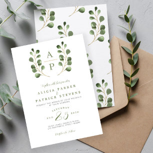 Formal crest monogram sage green leaves wedding  invitation