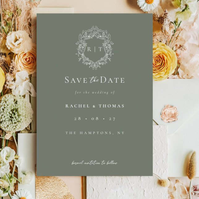 Formal Crest  Monogram Sage Wedding Save The Date (Creator Uploaded)
