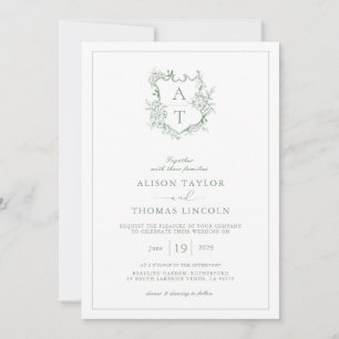 Formal Crest Sage Green Monogram Wedding Invitation