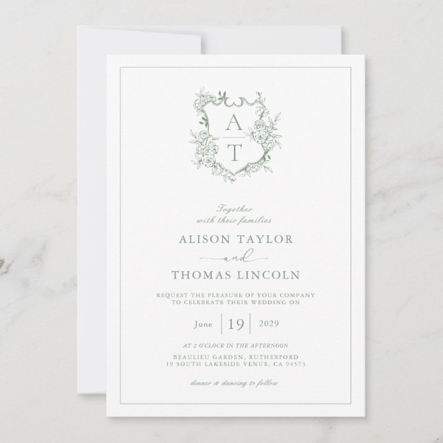 Formal Crest Sage Green Monogram Wedding Invitation (Front)