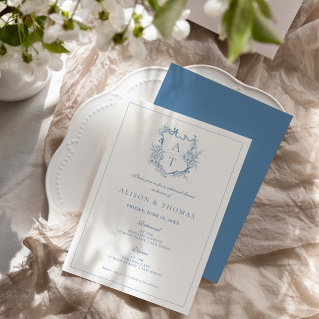 Formal Crest Vibrant Blue Rehearsal Dinner Invitation (Creator Uploaded)