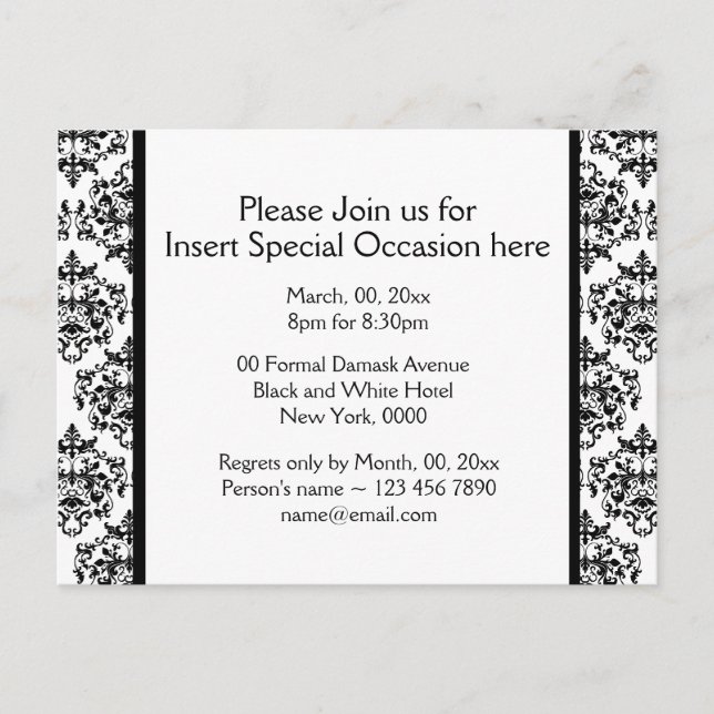 Formal damask party black red white invitation postcard (Front)