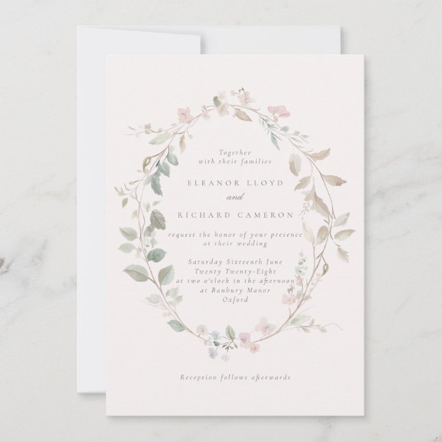 Formal Delicate Blush Floral Wreath Wedding Invitation (Front)