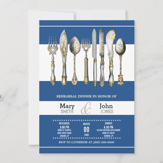 Formal dining utensils dinner rehearsal party invitation (Front)