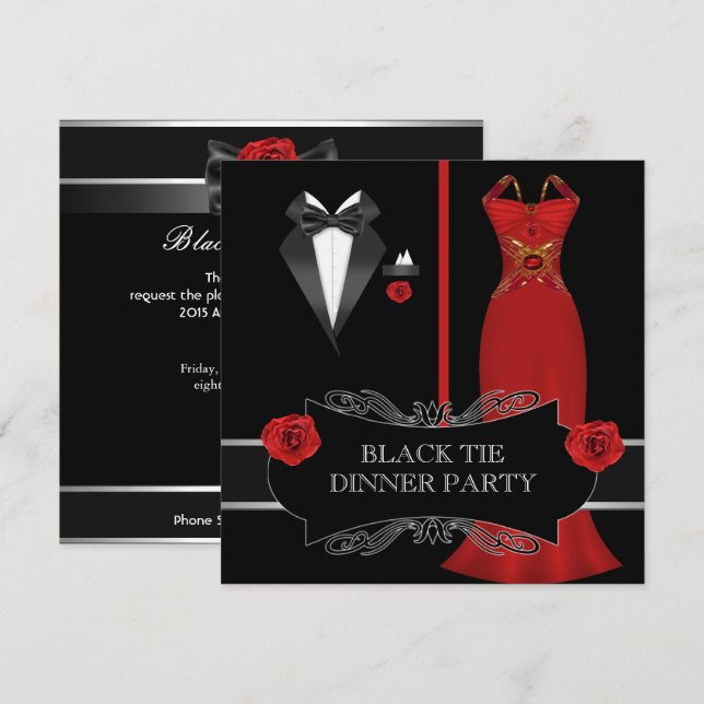 Formal Dinner Party White Black Tie Red 2B Invitation (Front/Back)