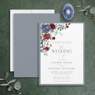Formal Dusty Blue Burgundy Watercolor Floral Invit Invitation