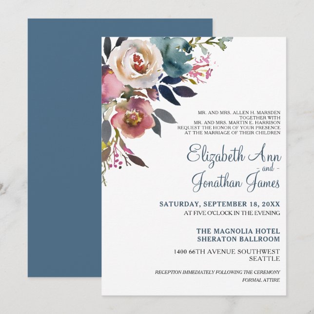 Formal Dusty Blue Champagne Wine Floral Wedding Invitation (Front/Back)