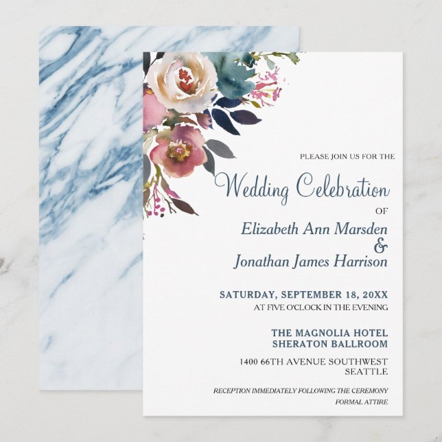 Formal Dusty Blue Champagne Wine Floral Wedding Invitation (Front/Back)