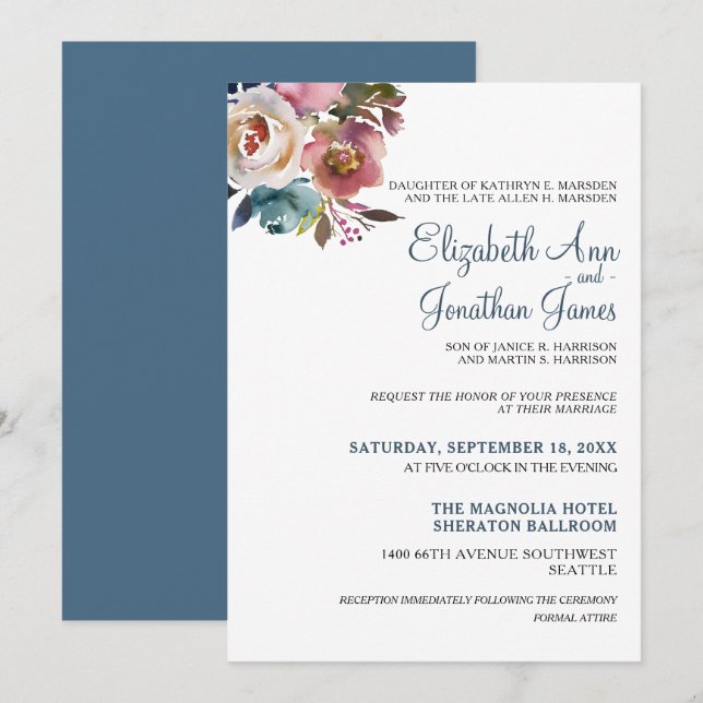 Formal Dusty Blue Champagne Wine Floral Wedding Invitation (Front/Back)