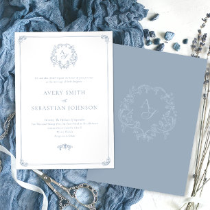 Formal Dusty Blue Crest Monogram Wedding Invitation