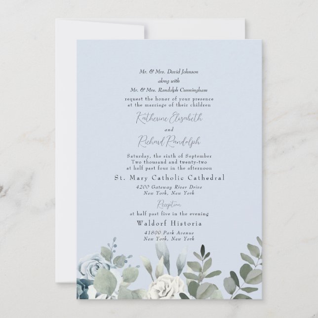 Formal Dusty Blue Floral Both Parents Wedding II Invitation (Front)