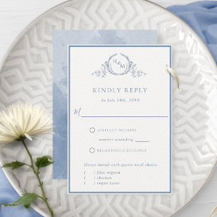 Formal Dusty Blue Monogram Wedding RSVP Card 