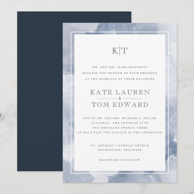 Formal Dusty Blue Watercolor Monogram Wedding Invitation (Front/Back)