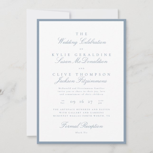 Formal Dusty Blue Wedding Invitation (Front)