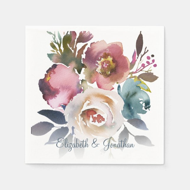 Formal Dusty Blue Wine Burgundy Floral Wedding Napkin (Front)