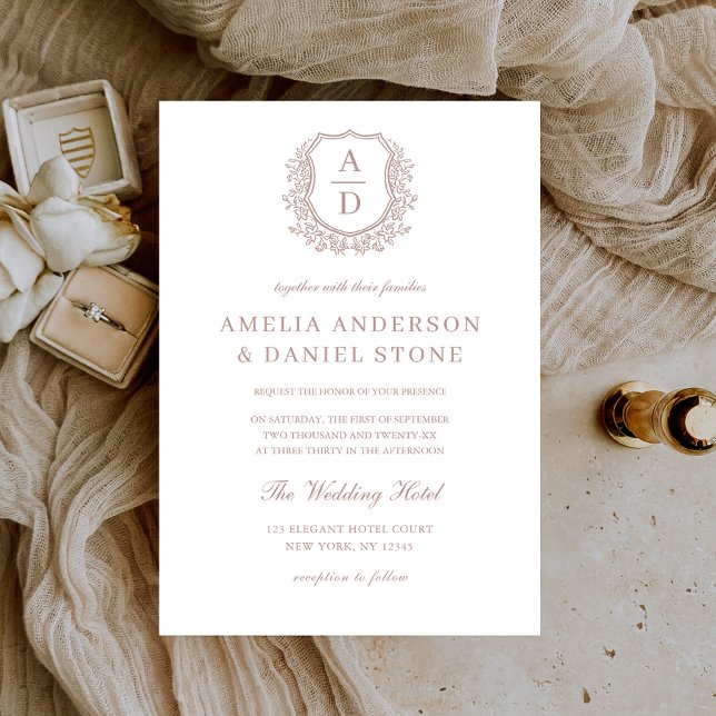 Formal Dusty Rose Leafy Crest Monogram Wedding Invitation (Creator Uploaded)