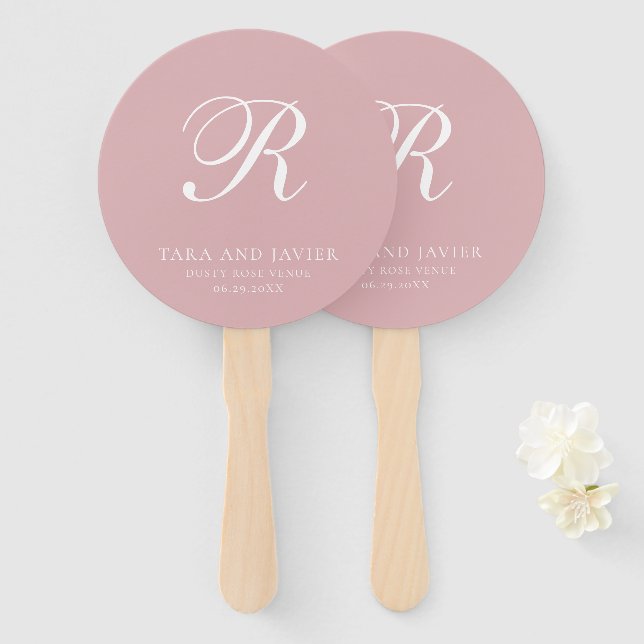 Formal Dusty Rose Pink Monogram Elegant Wedding Hand Fan (Front and Back)