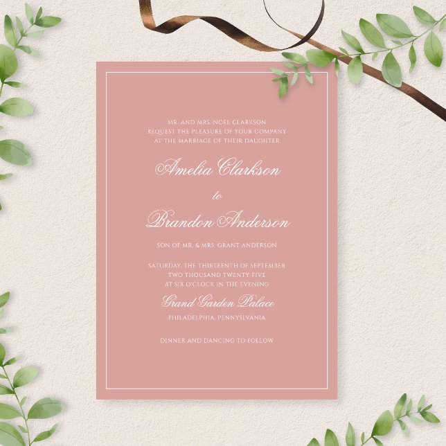 Formal Dusty Rose & White Border Script Wedding Invitation (Creator Uploaded)