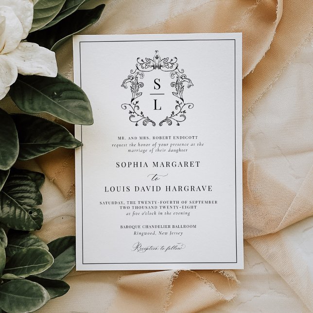 Formal Elegant Baroque Crest Monogram Wedding Invitation (Creator Uploaded)