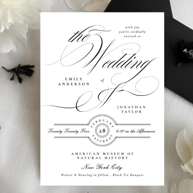 Formal Elegant Black Calligraphy Black Tie Wedding Invitation (Creator Uploaded)