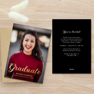 Formal Elegant Black Gold Script Photo Graduation