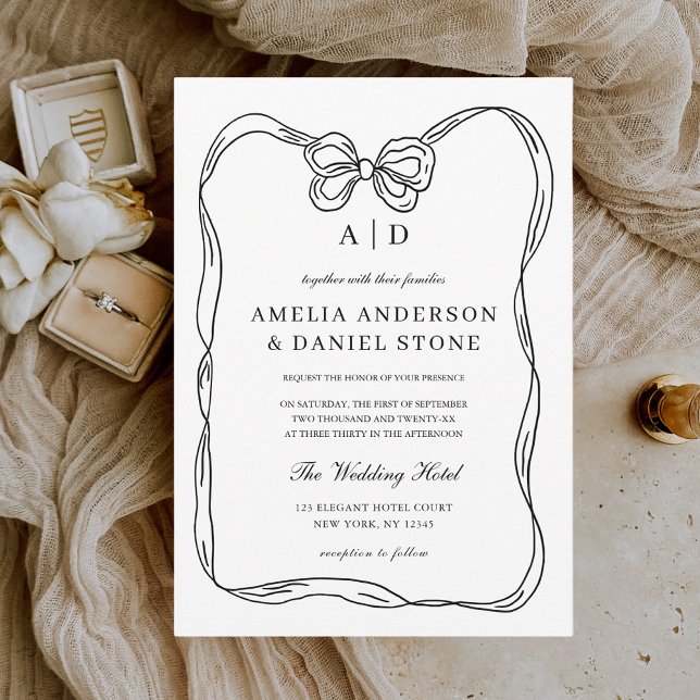 Formal Elegant Black & White Bow Monogram Invitation (Creator Uploaded)