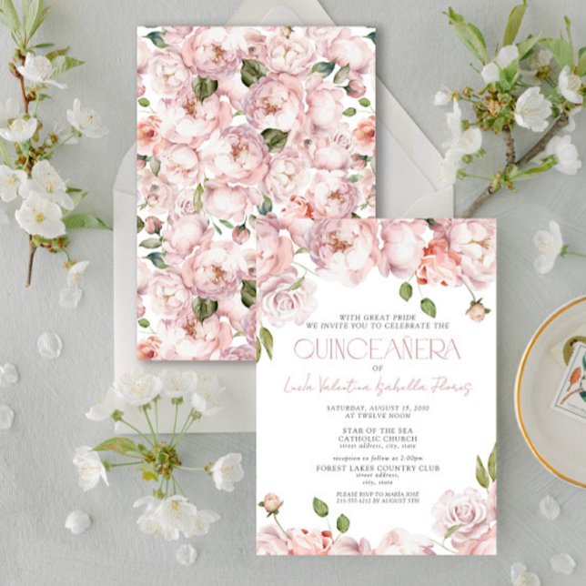 Formal Elegant Blush Pink Floral Quinceanera Invitation (Creator Uploaded)