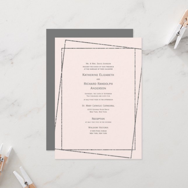 Formal & Elegant Blush & Silver Wedding Invitation (Front/Back In Situ)